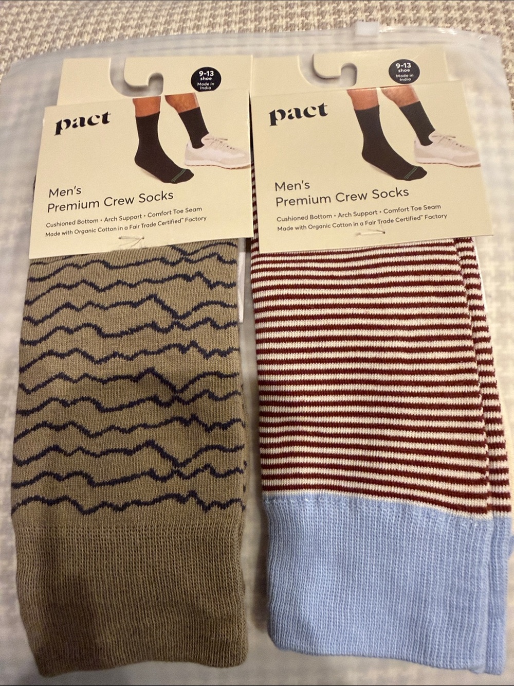 Pact Men's Crew Socks — Olive Wave & Red Stripe with Light Blue Cuff (2-Pack)